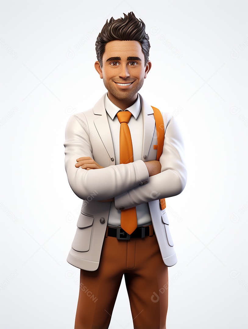 Homem de negócios 3d feliz cruzou os braços em 3d transparente