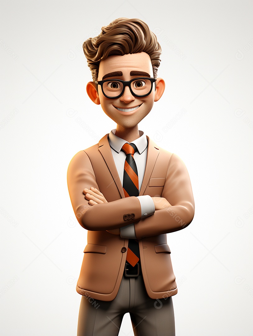 Homem de negócios 3d feliz cruzou os braços em 3d transparente