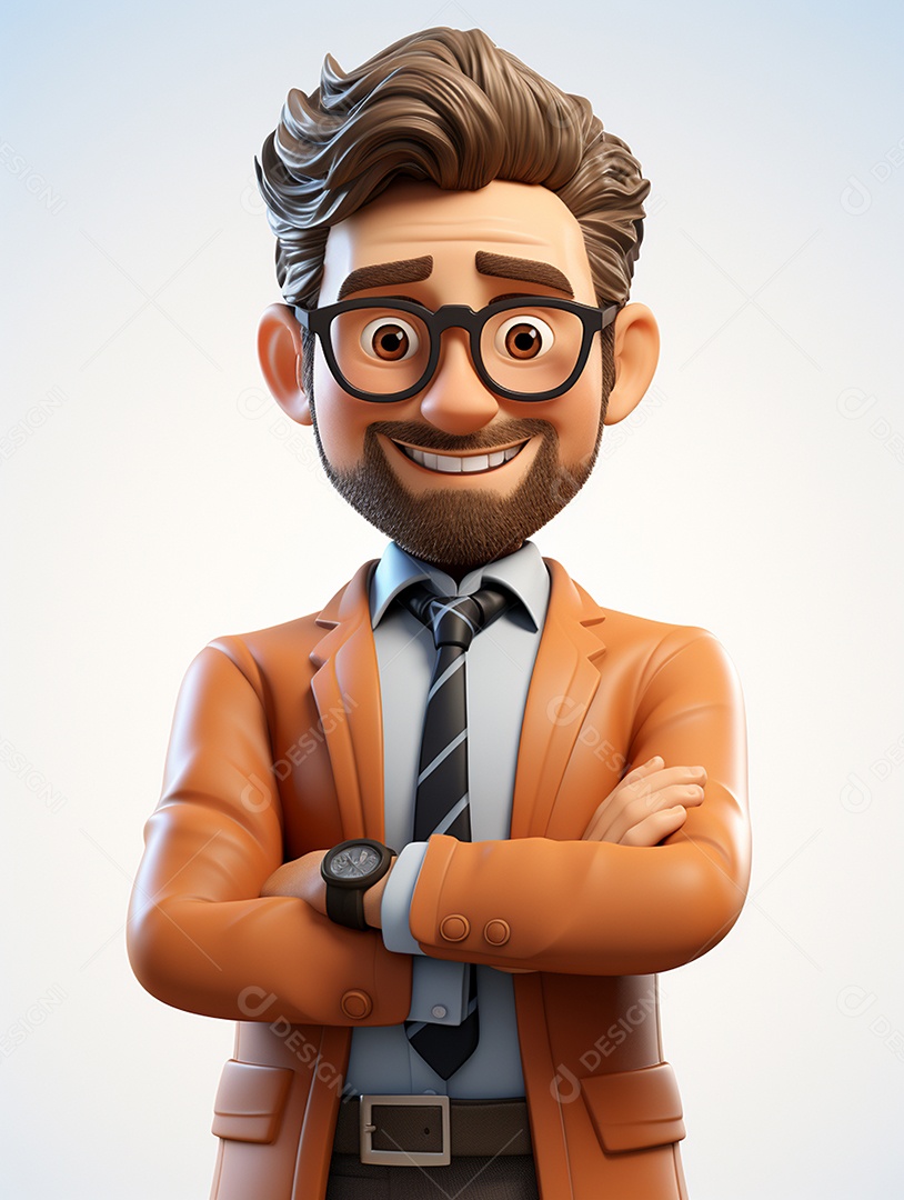 Homem de negócios 3d feliz cruzou os braços em 3d transparente