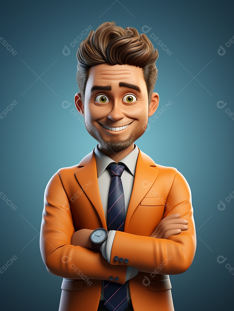 Homem de negócios 3d feliz cruzou os braços em 3d transparente