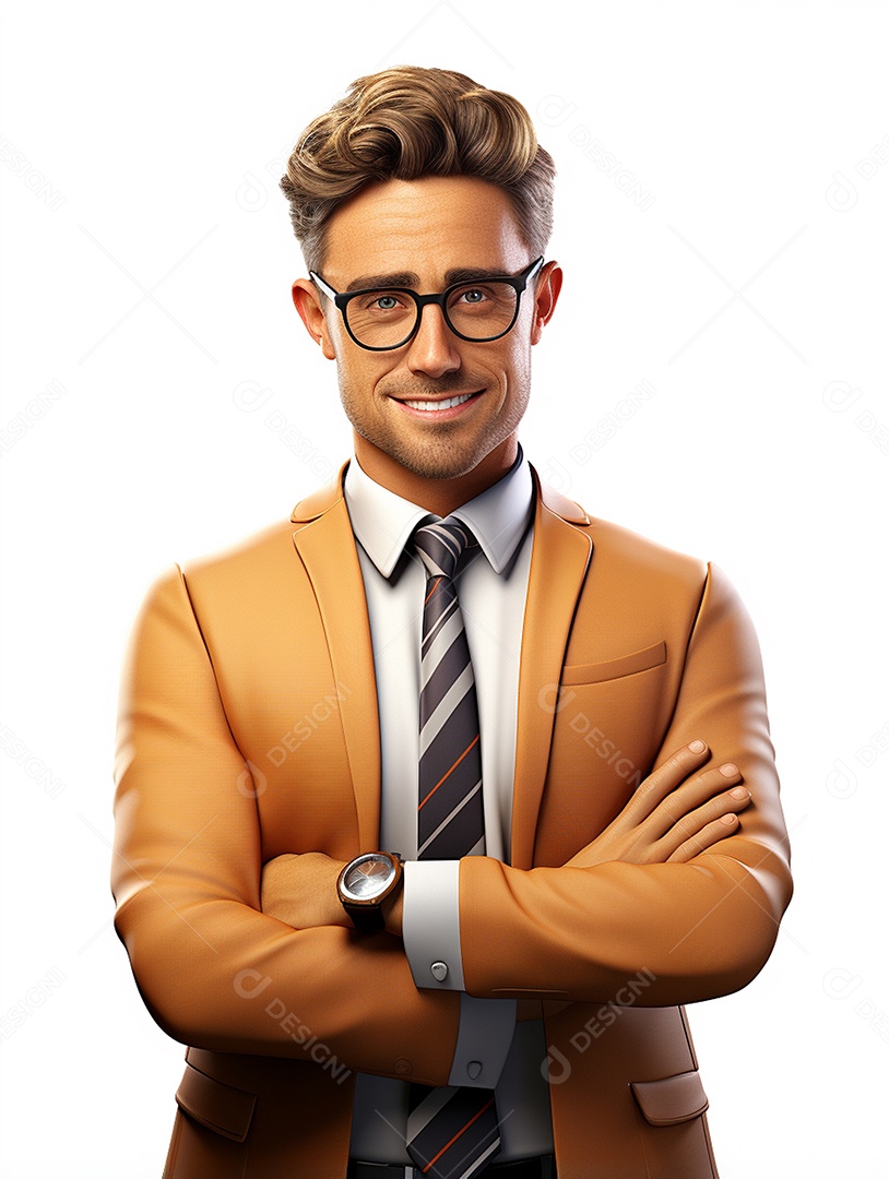 Homem de negócios 3d feliz cruzou os braços em 3d transparente