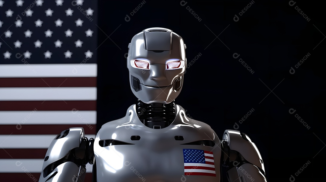 Retrato antropomórfico de cabeça de robô humanoide sobre fundo escuro em tons de azul