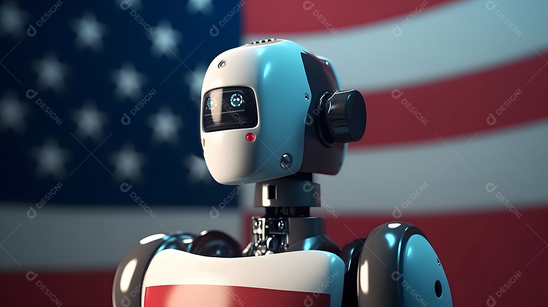 Retrato antropomórfico de cabeça de robô humanoide sobre fundo escuro em tons de azul