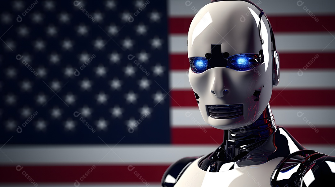 Retrato antropomórfico de cabeça de robô humanoide sobre fundo escuro em tons de azul