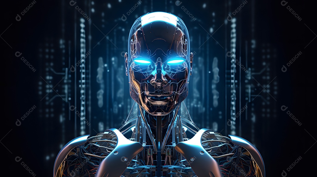 Retrato antropomórfico de cabeça de robô humanoide sobre fundo escuro em tons de azul