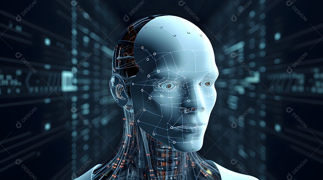 Retrato antropomórfico de cabeça de robô humanoide sobre fundo escuro em tons de azul