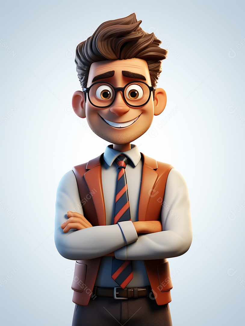 Homem de negócios 3d feliz cruzou os braços em 3d transparente