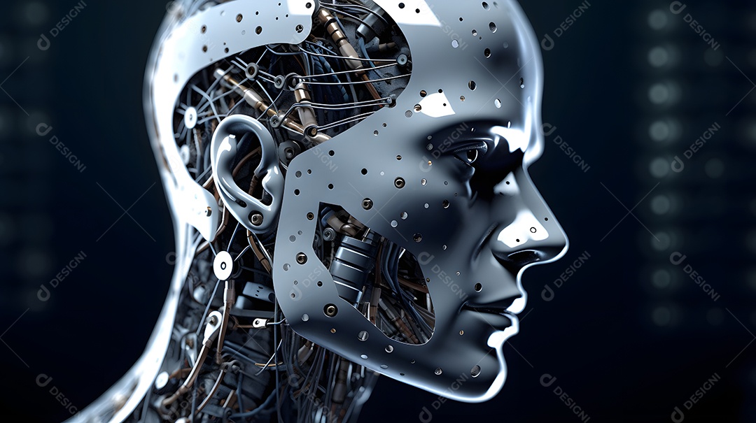 Retrato antropomórfico de cabeça de robô humanoide sobre fundo escuro em tons de azul