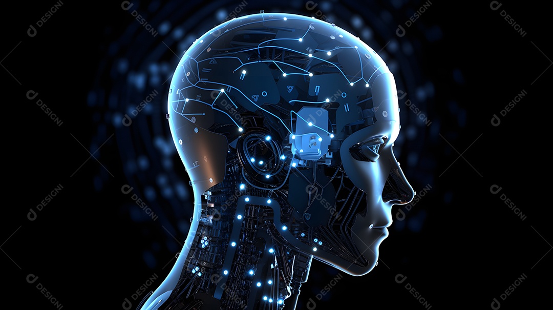 Retrato antropomórfico de cabeça de robô humanoide sobre fundo escuro em tons de azul