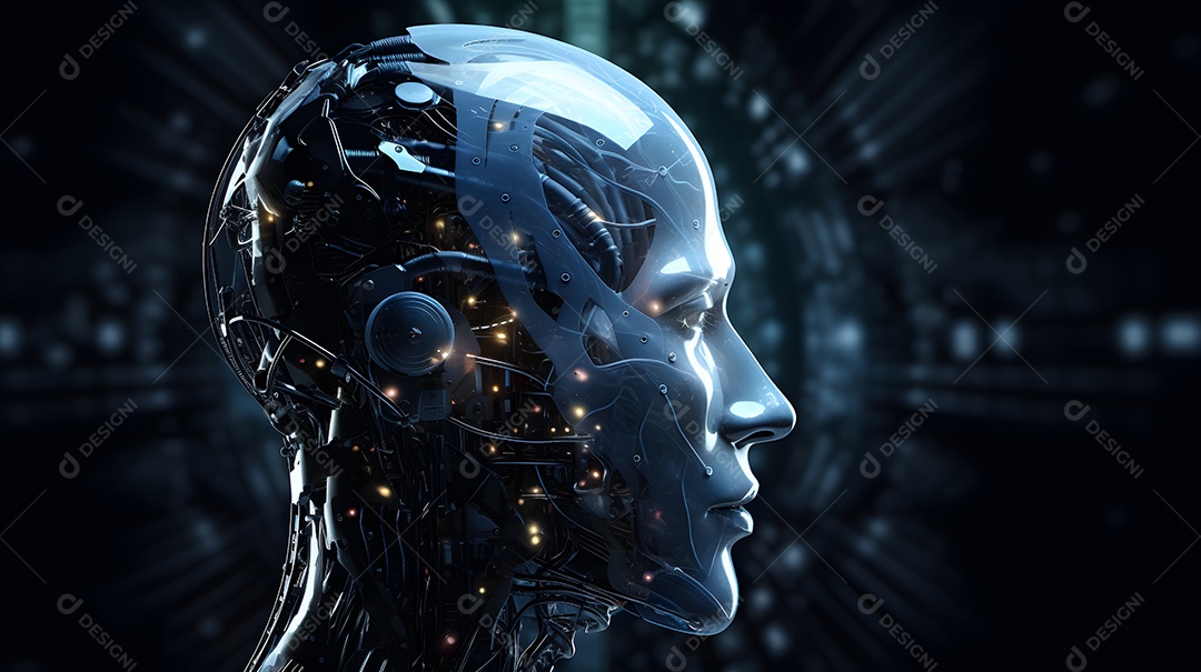 Retrato antropomórfico de cabeça de robô humanoide sobre fundo escuro em tons de azul