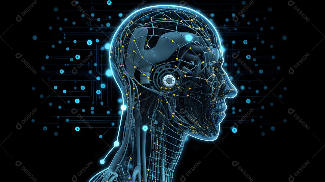 Retrato antropomórfico de cabeça de robô humanoide sobre fundo escuro em tons de azul