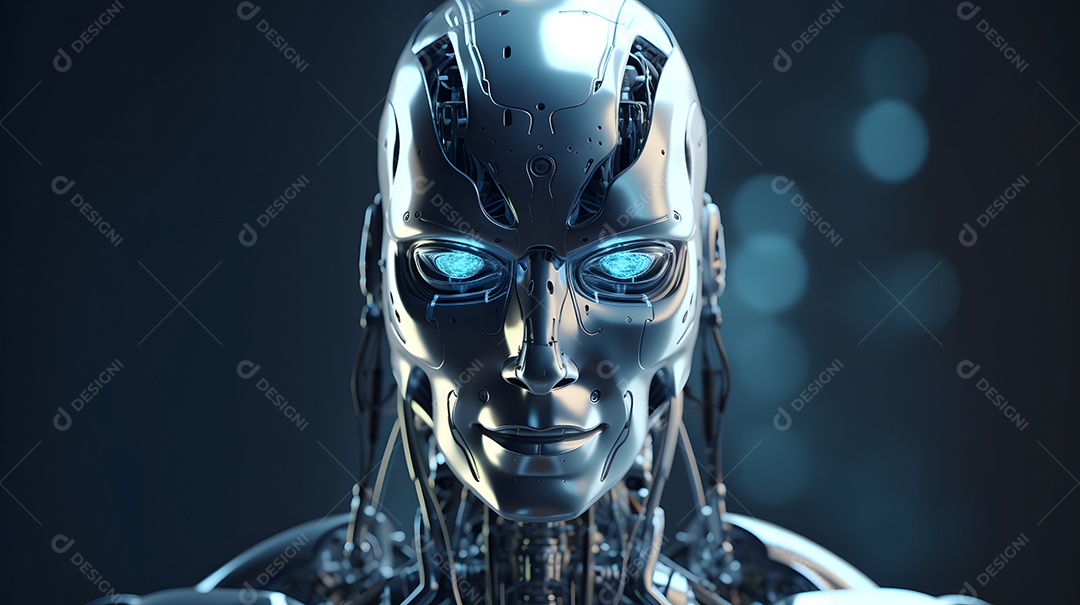 Retrato antropomórfico de cabeça de robô humanoide sobre fundo escuro em tons de azul