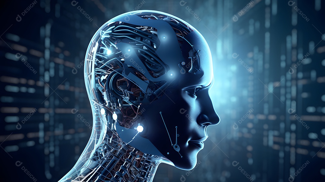 Retrato antropomórfico de cabeça de robô humanoide sobre fundo escuro em tons de azul