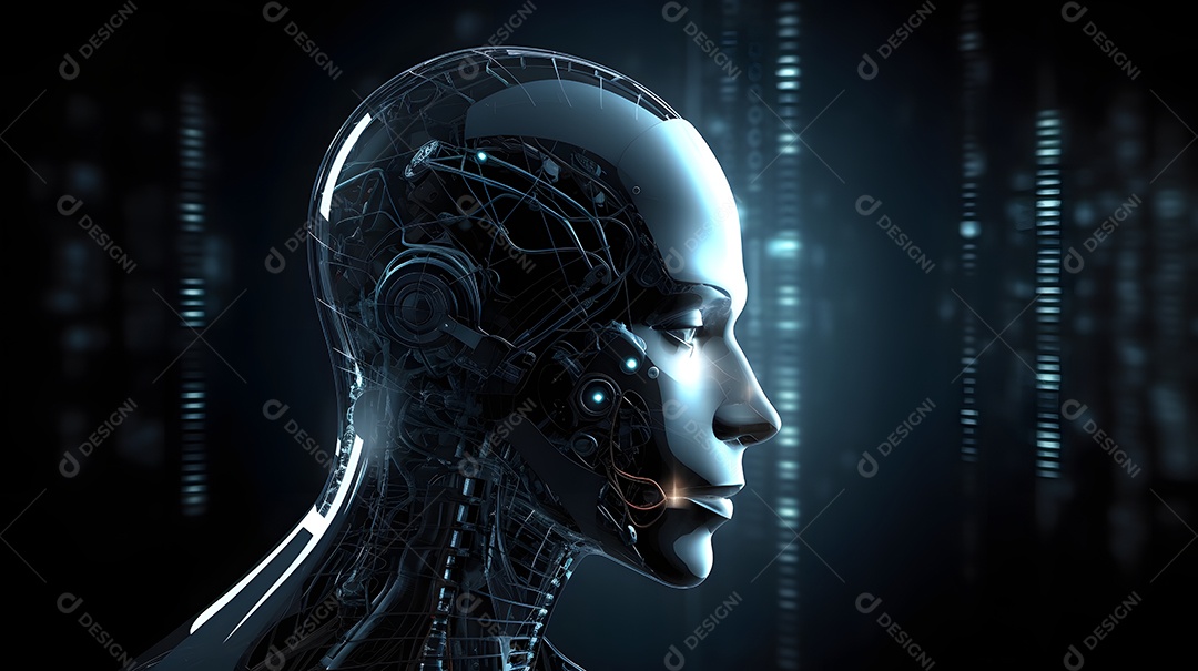 Retrato antropomórfico de cabeça de robô humanoide sobre fundo escuro em tons de azul