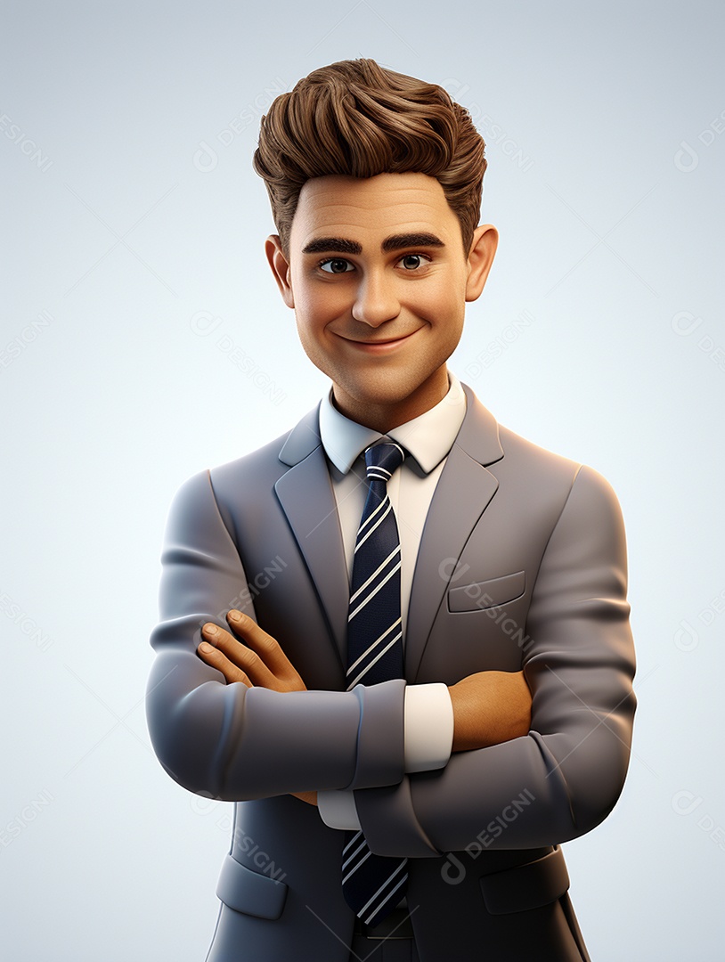 Homem de negócios 3d feliz cruzou os braços em 3d transparente