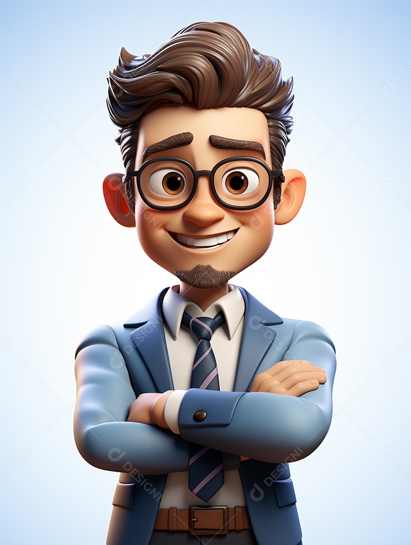 Homem de negócios 3d feliz cruzou os braços em 3d transparente