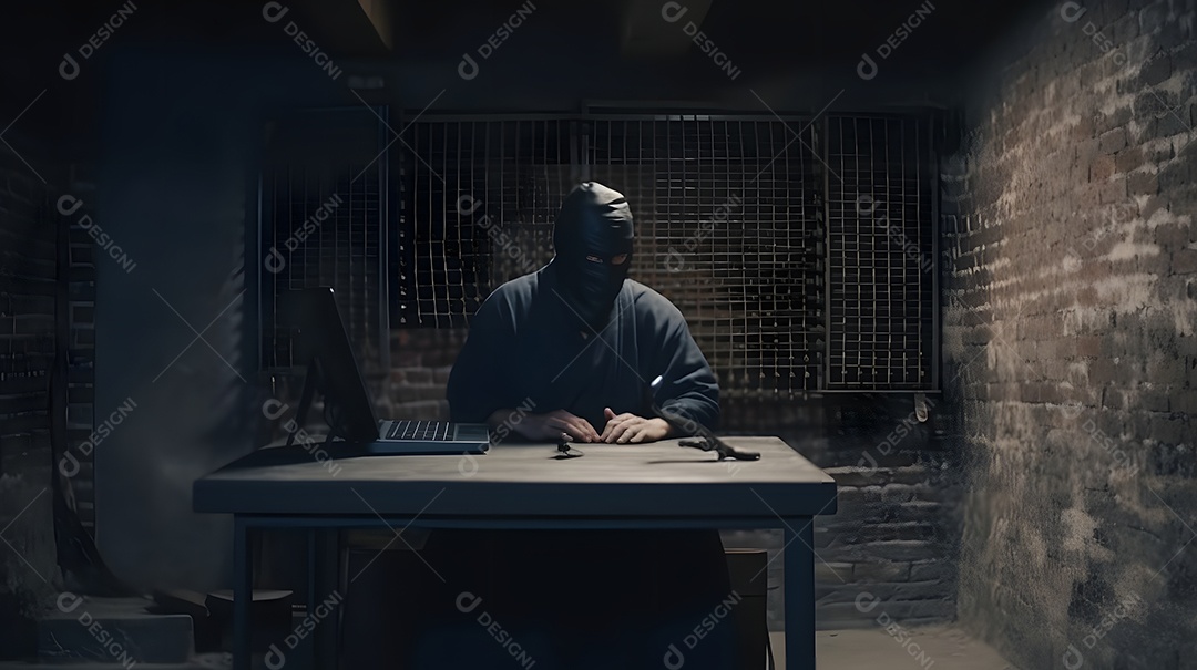 Ninja misterioso trabalhando com um laptop em um porão