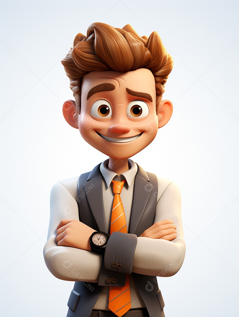 Homem de negócios 3d feliz cruzou os braços em 3d transparente