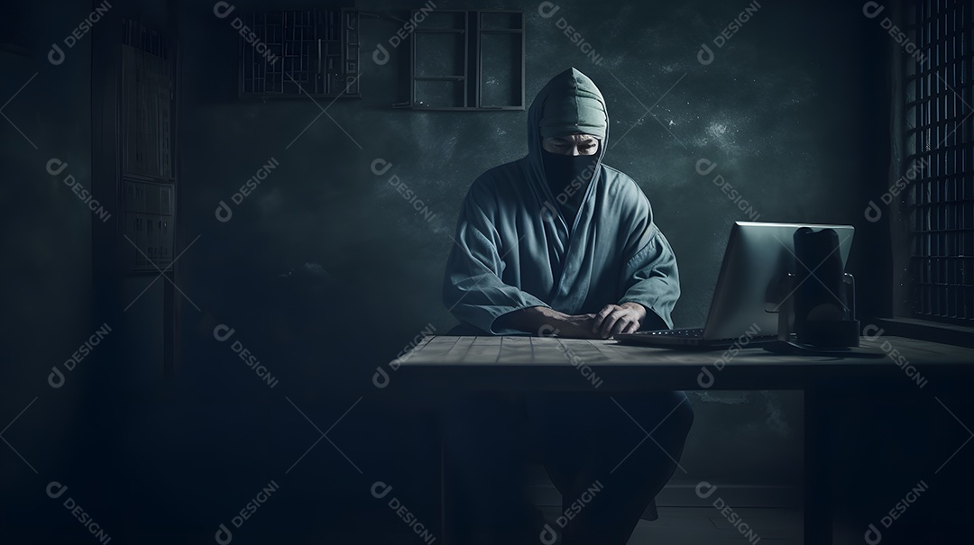 Ninja misterioso trabalhando com um laptop em um porão