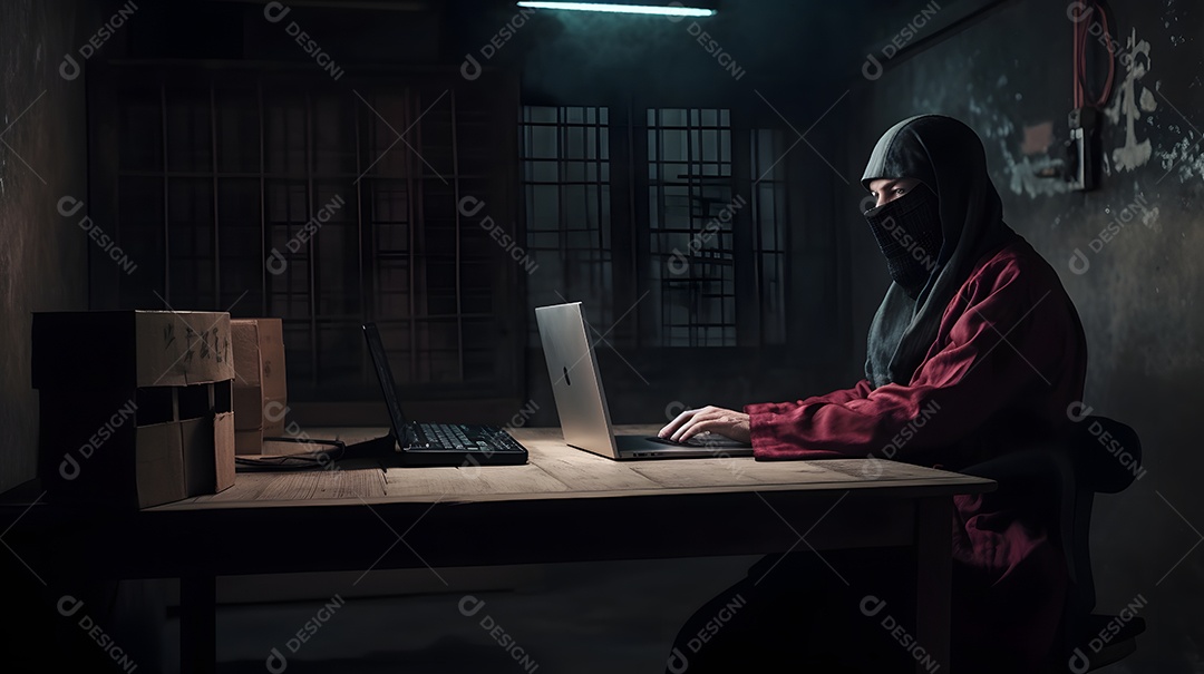 Ninja misterioso trabalhando com um laptop em um porão