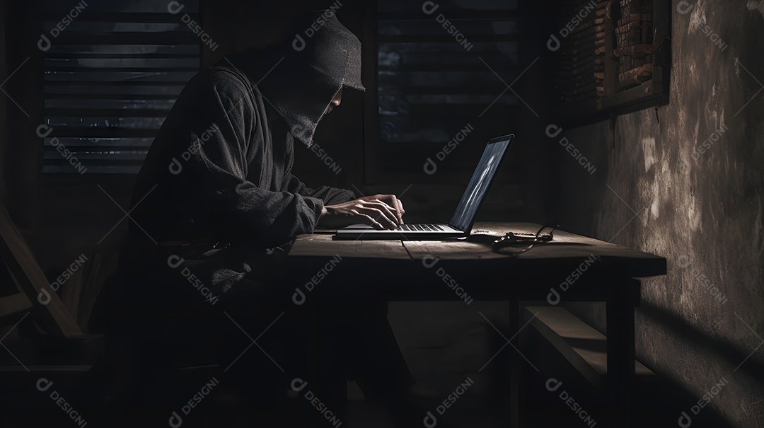 Ninja misterioso trabalhando com um laptop em um porão