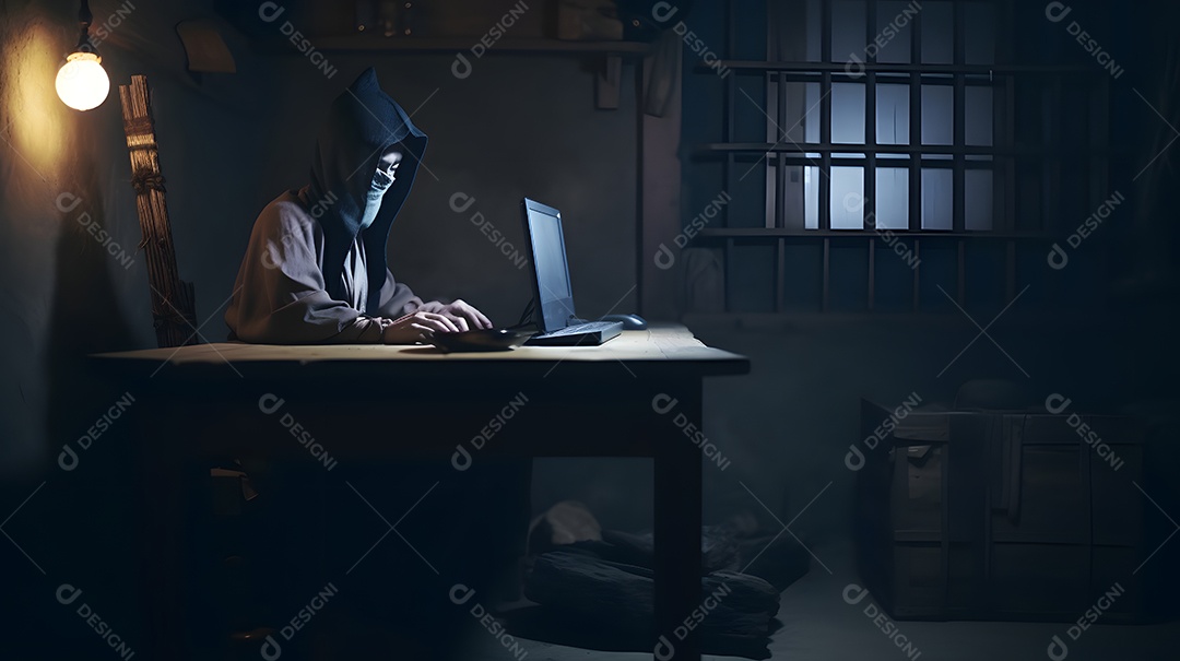 Ninja misterioso trabalhando com um laptop em um porão