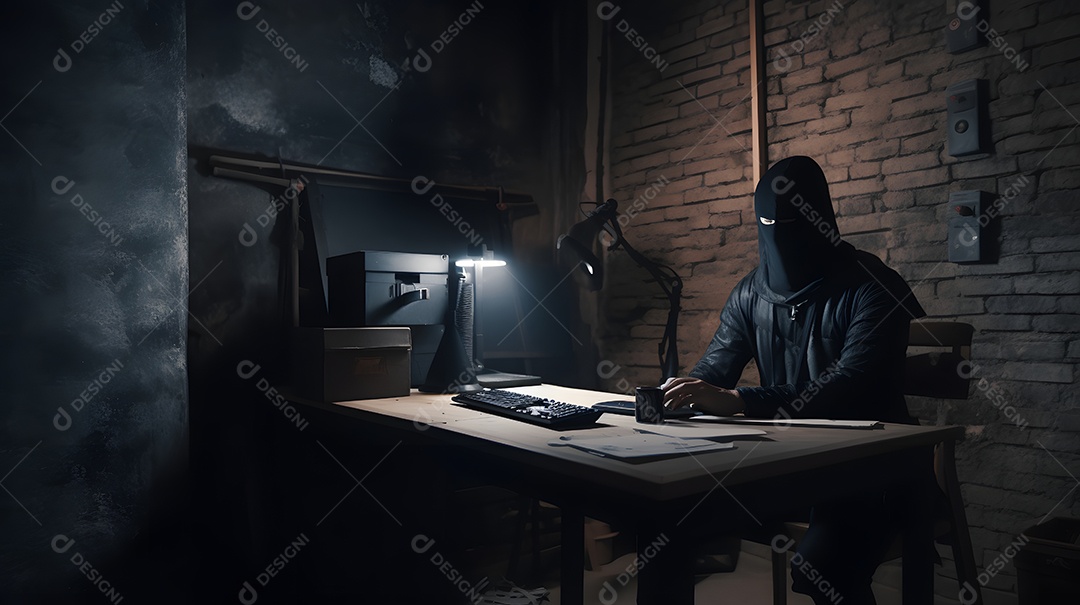 Ninja misterioso trabalhando com um laptop em um porão