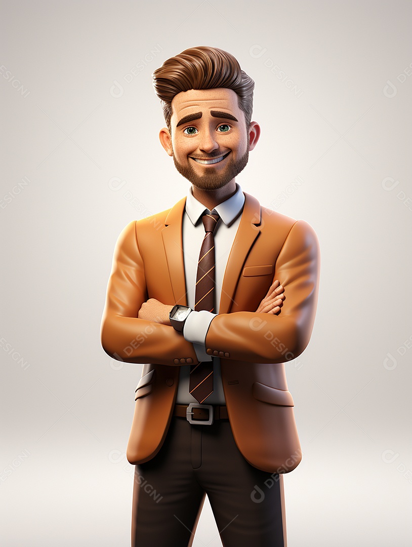 Homem de negócios 3d feliz cruzou os braços em 3d transparente