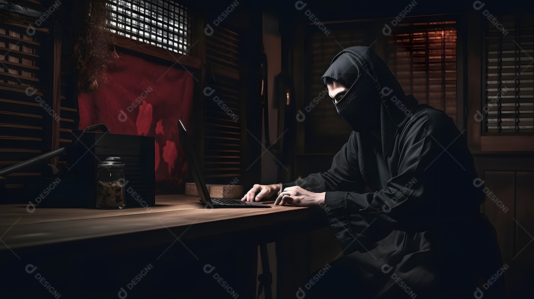 Ninja misterioso trabalhando com um laptop em um porão