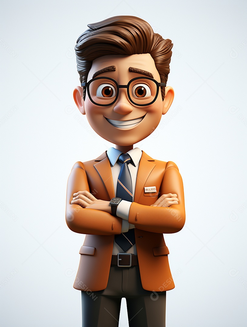 Homem de negócios 3d feliz cruzou os braços em 3d transparente