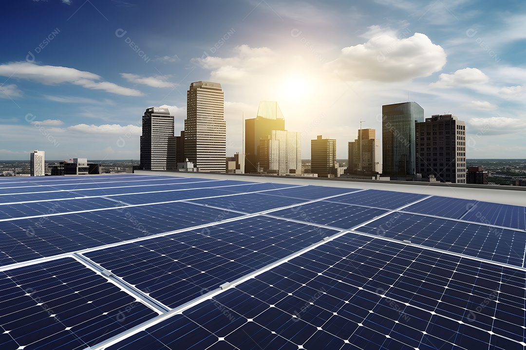 Painéis solares no telhado de uma cidade com o centro da cidade e o céu azul ao fundo.