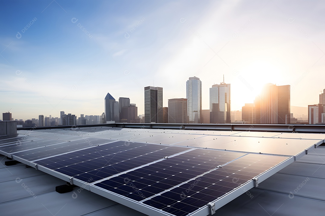 Painéis solares no telhado de uma cidade com o centro da cidade e o céu azul ao fundo.