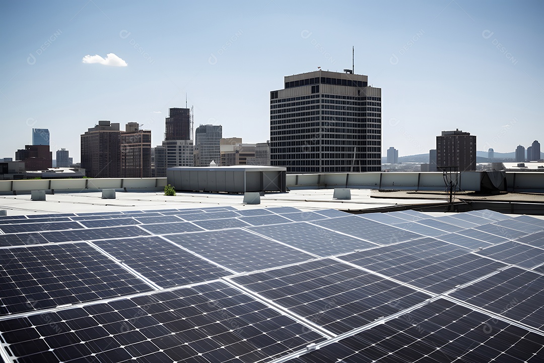 Painéis solares no telhado de uma cidade com o centro da cidade e o céu azul ao fundo.