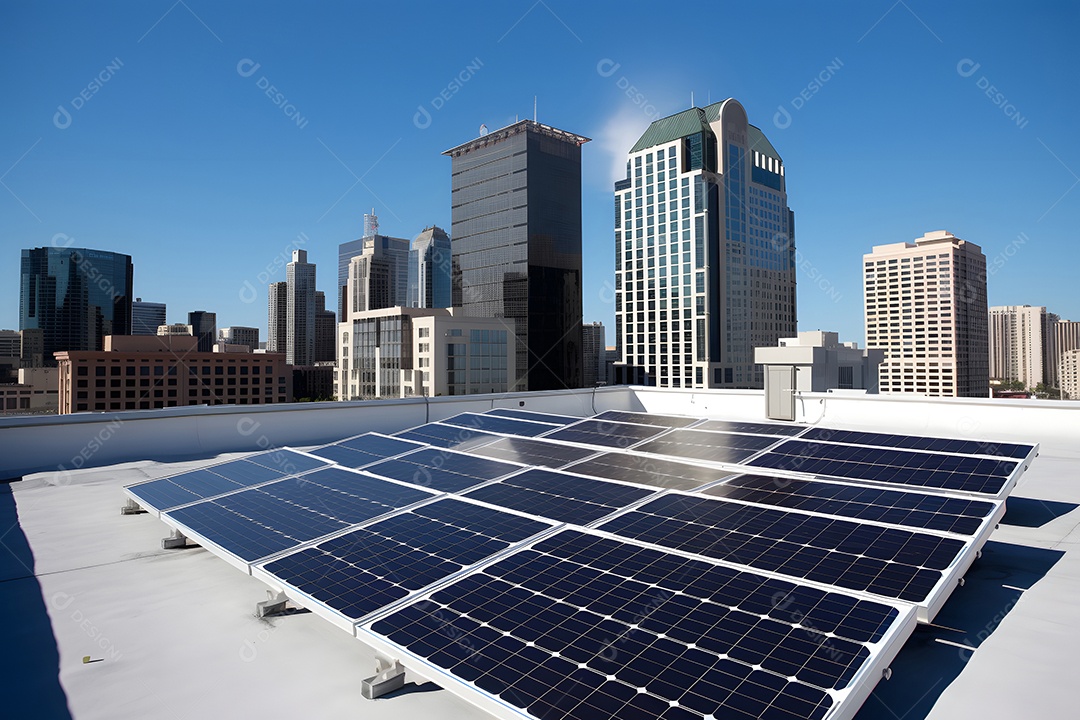 Painéis solares no telhado de uma cidade com o centro da cidade e o céu azul ao fundo.