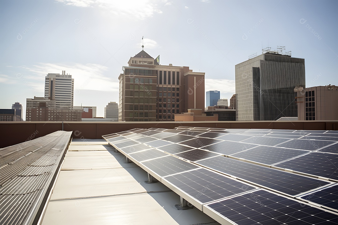 Painéis solares no telhado de uma cidade com o centro da cidade e o céu azul ao fundo.