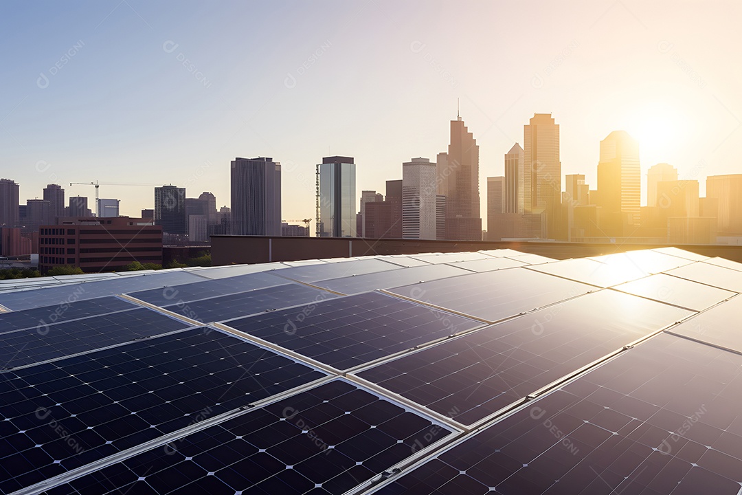 Painéis solares no telhado de uma cidade com o centro da cidade e o céu azul ao fundo.