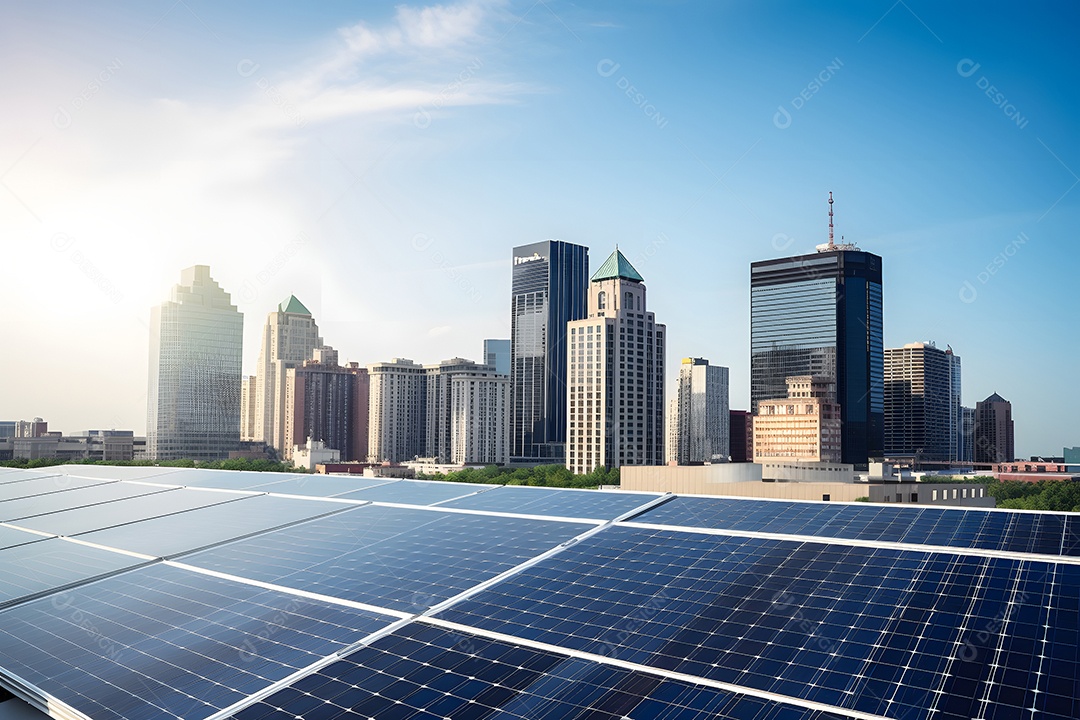 Painéis solares no telhado de uma cidade com o centro da cidade e o céu azul ao fundo.