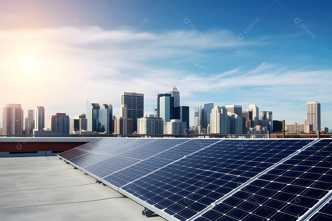 Painéis solares no telhado de uma cidade com o centro da cidade e o céu azul ao fundo.