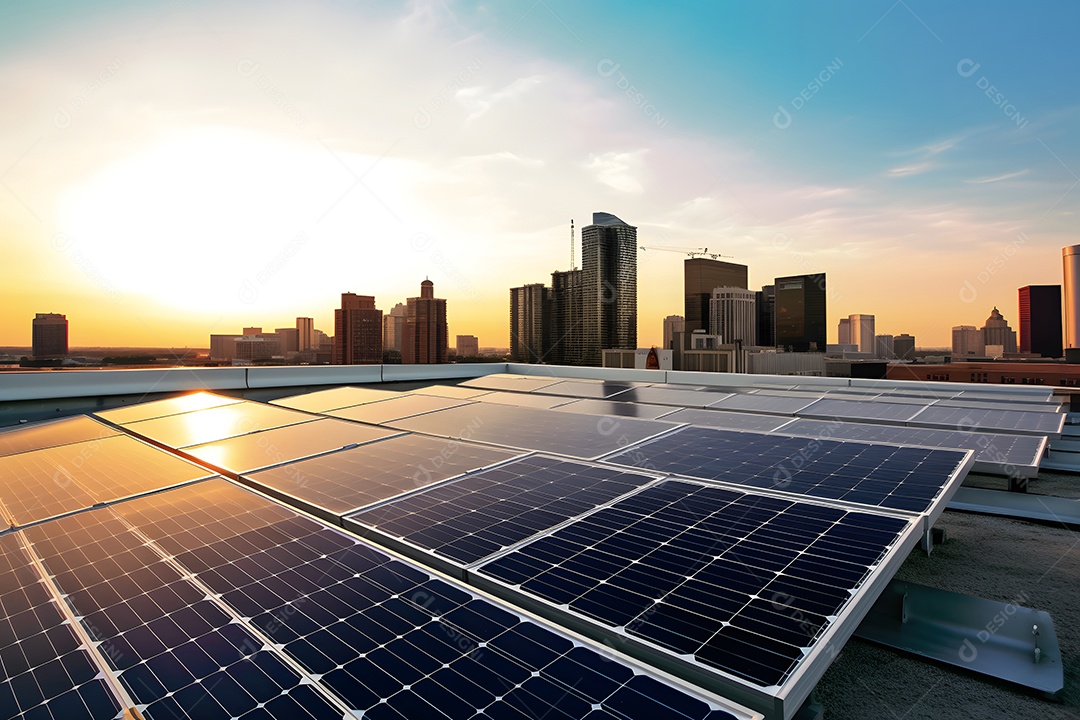 Painéis solares no telhado de uma cidade com o centro da cidade e o céu azul ao fundo.