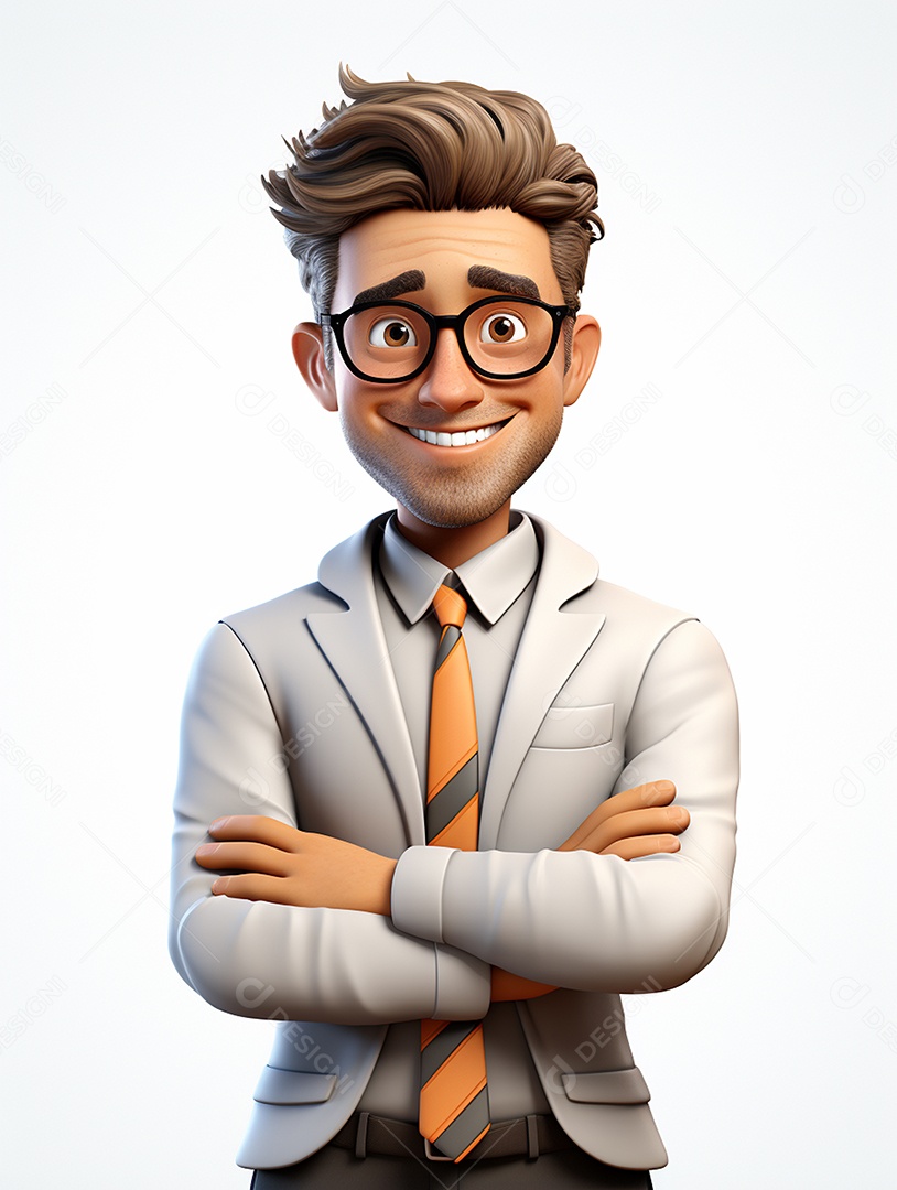 Homem de negócios 3d feliz cruzou os braços em 3d transparente