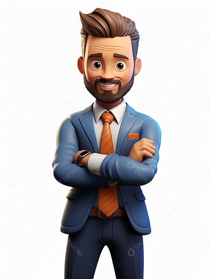 Homem de negócios 3d feliz cruzou os braços em 3d transparente