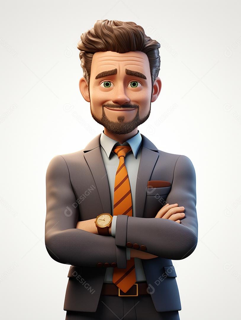 Homem de negócios 3d feliz cruzou os braços em 3d transparente