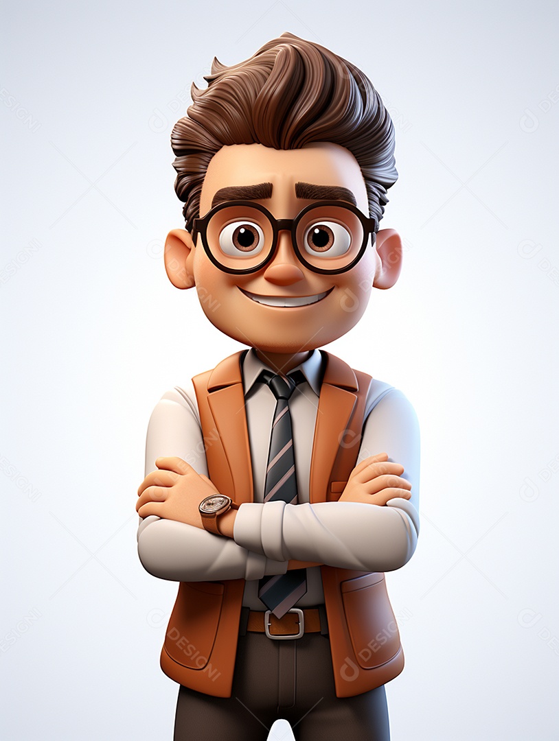 Homem de negócios 3d feliz cruzou os braços em 3d transparente