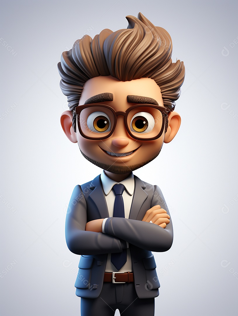 Homem de negócios 3d feliz cruzou os braços em 3d transparente