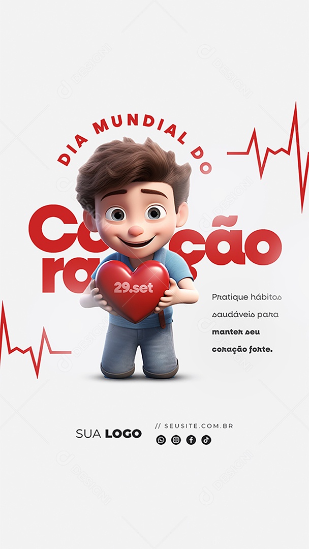 Story Dia Mundial do Coração Pratique Hábitos Saudáveis para Manter seu Coração Forte Social Media PSD Editável