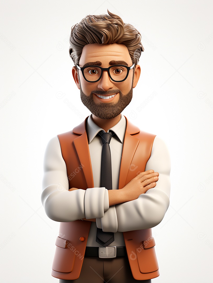 Homem de negócios 3d feliz cruzou os braços em 3d transparente