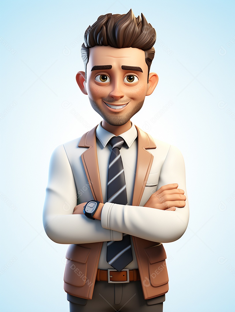 Homem de negócios 3d feliz cruzou os braços em 3d transparente