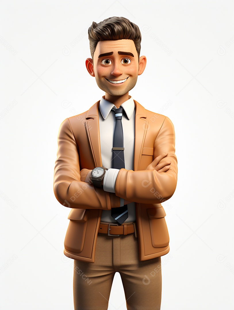 Homem de negócios 3d feliz cruzou os braços em 3d transparente