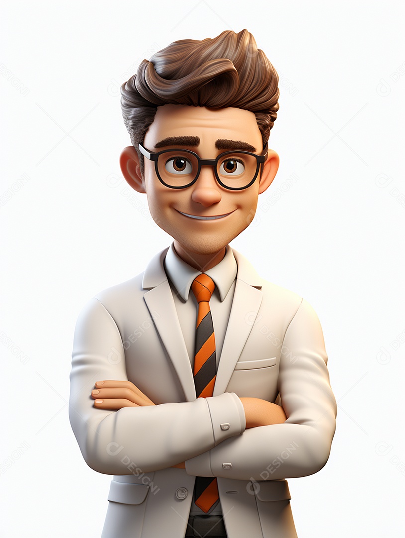 Homem de negócios 3d feliz cruzou os braços em 3d transparente