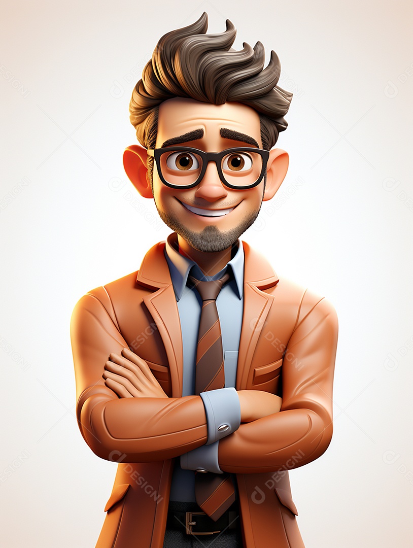 Homem de negócios 3d feliz cruzou os braços em 3d transparente